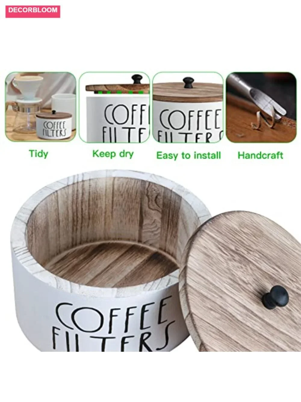 Solid Wood Coffee Filter Holder with Lid Farmhouse Kitchen Storage Canister